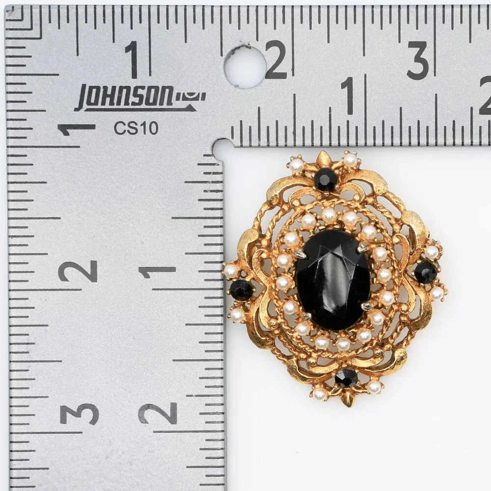 Vintage Florenza Victorian‎ Gothic Revival Black Stone Faux Pearl Brooch 1960s
